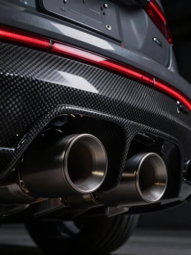 Close-up macro shot of a high-end titanium exhaust system and carbon fiber rear diffuser, dramatic red rim lighting, deep shadows.