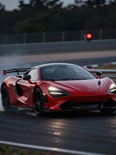 Dynamic action shot of a high-performance sports car clipping an apex on a race track, dramatic low-key lighting, tire smoke catching a red trackside light, 35mm lens.