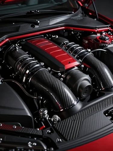 Close-up of a high-end sports car engine bay with carbon fiber intakes, low-key dramatic red rim lighting, high-contrast shadows, 35mm lens