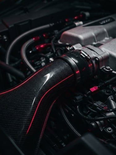 Tight macro shot of a carbon fiber cold air intake pipe inside a high-end engine bay, moody low-key garage lighting with sharp crimson red rim light, technical precision.
