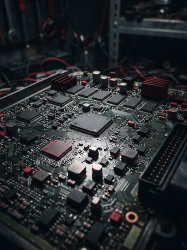 Macro shot of a high-end vehicle ECU circuit board, moody low-key garage lighting, sharp crimson accents, technical details, 35mm lens