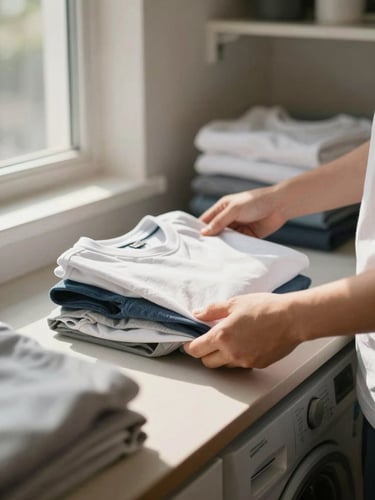 Close environmental shot of a laundry service workspace interior — hands carefully placing folded shirts onto a counter surface, natural window light from the left casting soft shadows, warm neutral tones, no faces visible