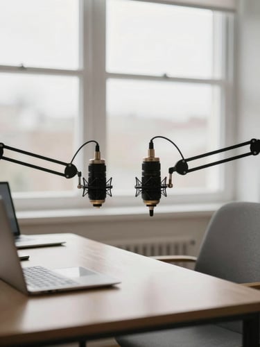 A modern, bright workspace with a high-end podcast setup, soft overcast daylight, muted neutral tones, sharp focus, 35mm lens.