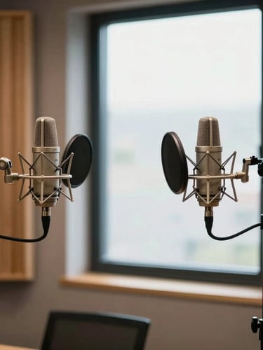 A clean, high-end podcast studio setup with warm wooden panels, professional microphones, and soft overcast daylight streaming through a large window, 35mm lens, sharp focus