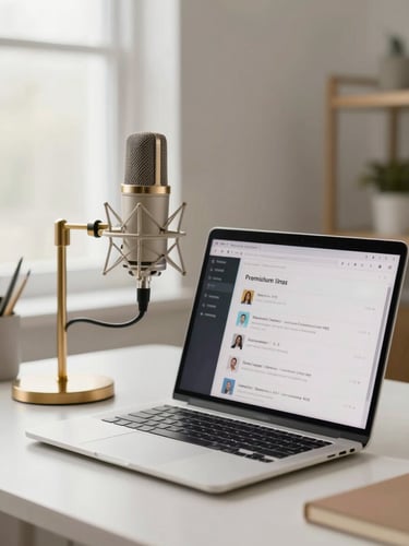 A premium modern creator studio setup, soft natural daylight, high-end microphone, clean desk with an open laptop showing a language learning app interface, gold accents