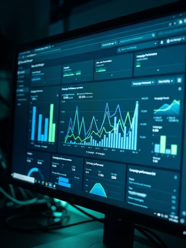 Macro close-up of a glowing high-end computer screen displaying live Meta Ads Manager dashboard, vibrant cyber-blue charts, dark ambient studio lighting, sharp focus, 35mm