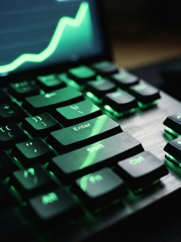 Macro close-up of a high-contrast dark mode analytics dashboard showing a steep upward green conversion curve, glowing neon green screen reflections on a metallic keyboard, 35mm photography