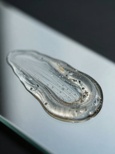 Macro portrait shot of viscous clear serum resting on a glass surface, soft diffused natural daylight highlighting the dense texture and purity of the liquid, dark background.