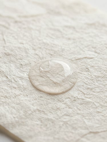 Macro shot of a viscous clear serum droplet on a textured washi paper background, soft diffused natural light, absolute purity and minimalist Japanese aesthetic