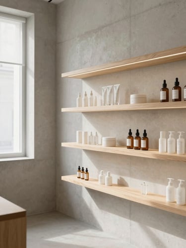 Minimalist, bright Japanese skincare studio interior in Vilnius, raw concrete walls, light warm wood shelves, soft natural light filtered through screens, clean lines, serene atmosphere.