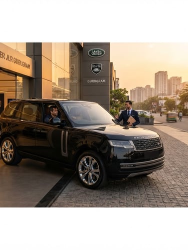 Wide panoramic shot of a gleaming new black SUV being carefully driven out of a luxury car showroom in Gurugram, golden hour light reflecting off its polished surface, pristine condition, sharp details, low angle, 85mm lens