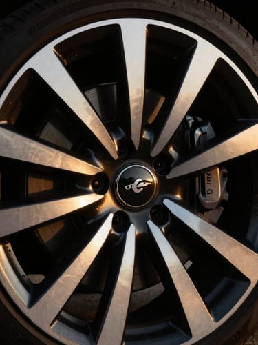 Close-up of a pristine, gleaming alloy wheel of a luxury SUV, reflecting golden-hour light, sharp focus, deep black and metallic gold tones
