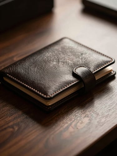 Macro shot of structured dark leather portfolio resting on a polished dark walnut desk, dramatic side-lighting, warm champagne tones, shallow depth of field.