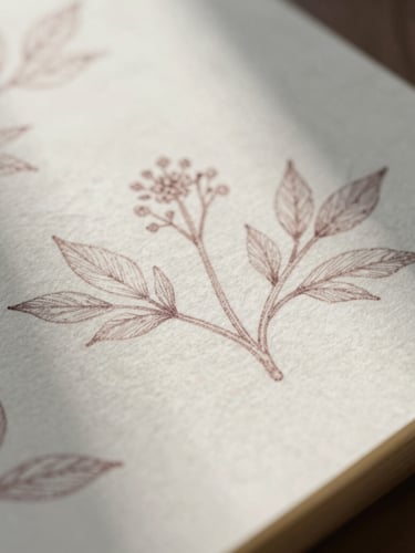 Macro close-up of deckle-edged cotton paper with delicate hand-drawn botanical sketches in soft mauve ink, flooded with soft filtered morning light.