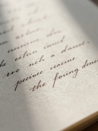 Macro close-up of deckle-edged cotton paper with delicate handwritten ink script, soft morning shadows, diffused natural light