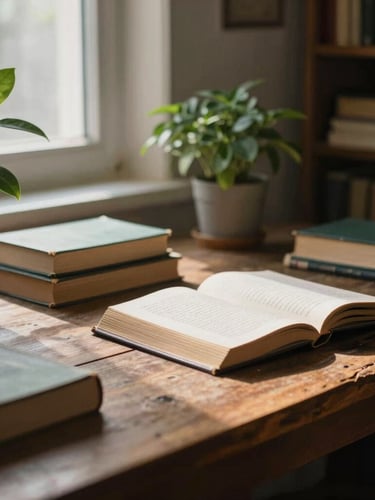 A serene workspace flooded with soft morning light, vintage books, and botanical elements on a rustic desk.