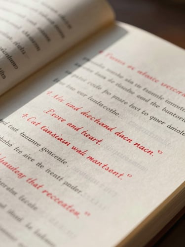 A close-up shot of raw manuscript pages with heavy red ink editorial markups and sharp directional shadows under crisp studio light.