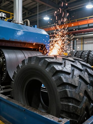 Wide-angle dramatic industrial photography of a modern tire manufacturing facility, heavy machinery vulcanizing rubber, sparks flying in the background, sharp key lights, high-contrast.