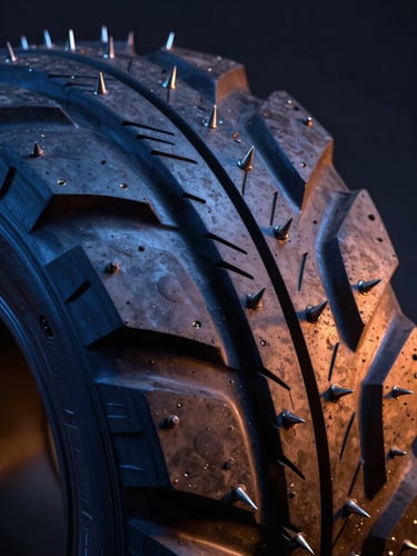 Extreme close-up macro shot of a heavy-duty industrial tire tread resisting sharp steel spikes, dramatic studio key lighting, deep blue shadows and safety orange highlights, 35mm lens.