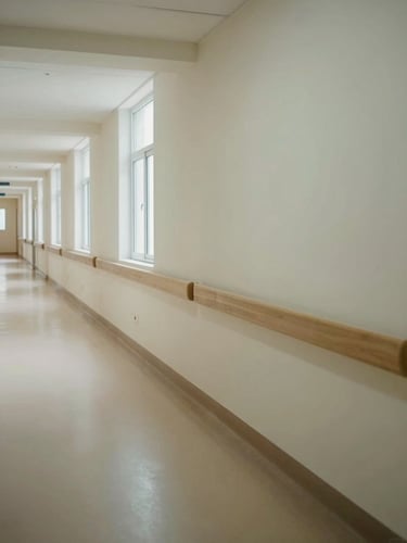 Wide panoramic view down a long institutional healthcare corridor, pale walls and polished floors receding to a vanishing point on the left, diffuse natural light from high windows, no people, austere and ordered