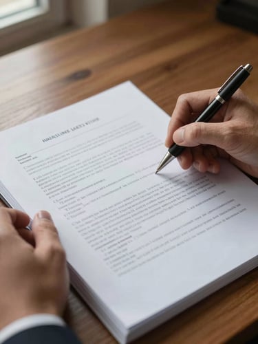 Overhead close-up of an open legal document on a wooden desk, a hand holding a pen poised above a paragraph, diffuse window light from the left, institutional and studious, no people visible beyond the hand