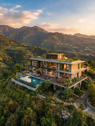 A stunning mountain-modern villa nestled in the lush green hills of Dehradun, warm golden-hour sunlight reflecting off clean glass facades, Mussoorie hills in the background, wide environmental architectural photography.