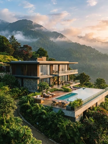 Premium modern villa with clean lines nestled in the misty green foothills of Dehradun, warm morning light, architectural photography, 35mm