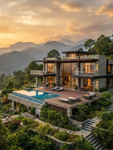 Wide environmental shot of a modern luxury stone villa with glass walls nestled in the green hills of Dehradun, warm golden-hour sunlight illuminating the facade, Mussoorie hills in the misty background, premium architectural photography