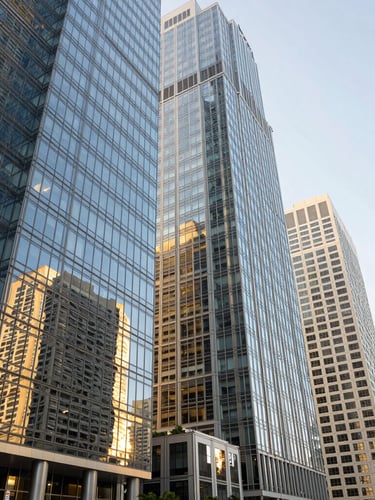 Wide architectural shot of glass skyscrapers in Miami Brickell, crisp morning daylight reflecting off corporate facades, sophisticated financial district atmosphere