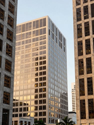 Crisp architectural view of Miami Brickell office buildings under bright corporate daylight, reflecting high-end financial prestige and structured depth.