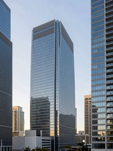 Wide architectural shot of Miami Brickell financial district skyscrapers during bright crisp daylight, cool slate blue glass reflections, warm golden-hour accents on the horizon, professional corporate aesthetic
