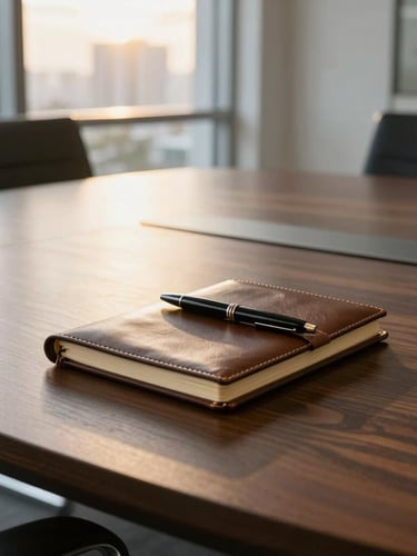 Close-up of a dark oak conference table in a high-end Miami office, sharp focus on a leather-bound notebook and executive pen, warm golden-hour light filtering through large windows.