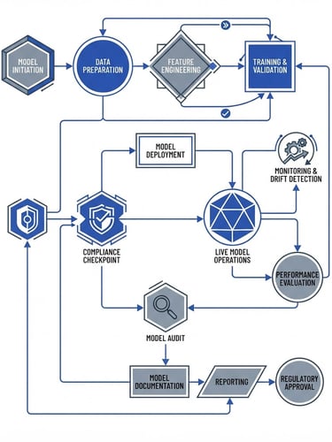 A clean vector illustration of a structured compliance flowchart with cobalt blue and slate gray geometric nodes, representing an auditable model lifecycle, white background, high-contrast digital schematic.