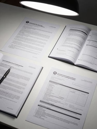 Overhead flat-lay of regulatory PIF documentation files and printed compliance forms spread across a bright white desk, a pen resting on an open dossier, controlled studio lighting from above, sharp detail on text and page structure