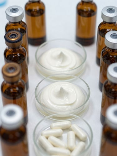 Extreme close-up overhead of a laboratory flat-lay: a row of amber glass vials, white cream-filled petri dishes, and capsule tablets arranged in a tight grid on a white surface under bright studio overhead lighting, clinical and precise, no hands visible, pure product detail