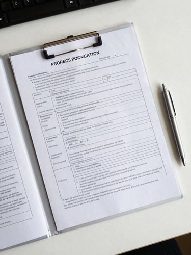 Overhead flat-lay on a lit desk: printed regulatory documents and a Product Information File binder open to a technical page, a pen resting beside it, north-facing daylight, precise and orderly
