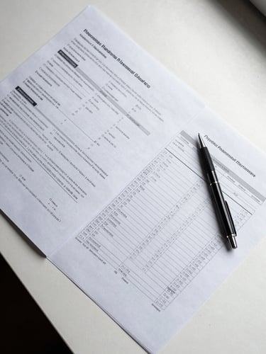 Flat-lay overhead shot of an open regulatory dossier and printed stability test data sheets spread on a white lit desk, a pen resting beside tabulated results, controlled studio overhead lighting, sharp detail