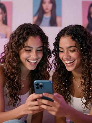 A vibrant cinematic shot of two young Brazilian women laughing and looking at a smartphone screen in a cozy room decorated with K-pop posters, soft romantic lighting