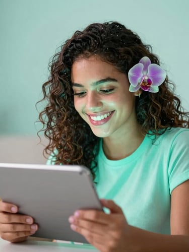 Vibrant editorial portrait of a young Brazilian fan happily watching a dorama on a tablet, soft mint and orchid glow on her face, shallow depth of field