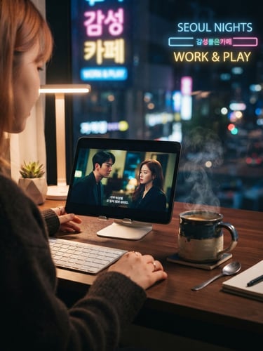Close-up of a modern Korean workspace in Seoul with neon ambient lighting, a tablet showing a dorama scene, and a steaming cup of coffee
