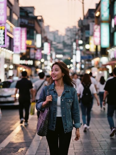 Vibrant editorial photography of a modern Seoul street at dusk with neon signs in orchid and mint, shallow depth of field, 35mm