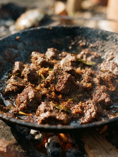 Close-up shot of dark, caramelized rendang glistening with rich oil, cooked over real wood embers, warm afternoon side-light, shallow depth of field, 35mm food photography.