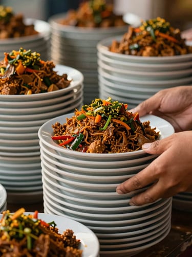 Warm editorial food photography of hands stacking plates in the traditional hidang style, rich gulai and sambal green textures, warm afternoon side-light, shallow depth of field, 35mm