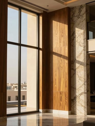 Luxury villa interior in Riyadh, warm golden-hour sunlight streaming through floor-to-ceiling windows, highlighting flawless wood paneling and marble alternative textures, sharp focus, 35mm