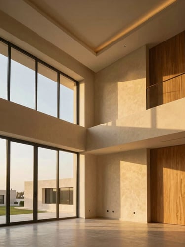 A wide-angle professional architectural photograph of a luxury villa interior in Riyadh. High ceilings with clean geometric gypsum board designs, warm golden-hour sunlight streaming through floor-to-ceiling windows, casting dramatic shadows on smooth textured plaster walls. Minimalist wooden panels visible. 35mm, sharp focus on premium textures.