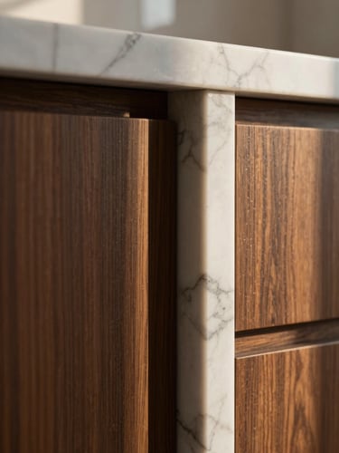 A close-up macro detail shot of premium texture transitions in a modern Riyadh residence. A flawless seamless joint where smooth, polished marble alternative meets dark brushed oak wood paneling. Dramatic side lighting highlighting the rich textures and precise craftsmanship. Luxury architectural photography, 35mm.
