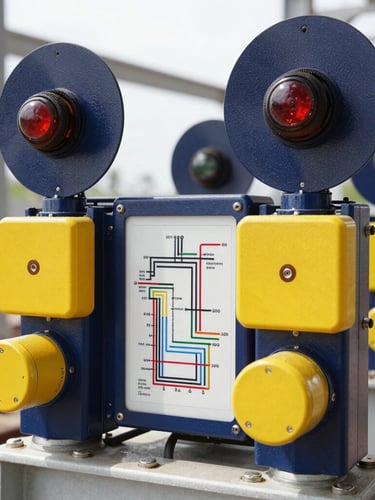 Macro technical photography of railway signaling equipment and color-coded wiring schematics, sharp focus, bright industrial indoor lighting.