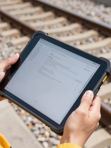 Close-up of hands holding a rugged tablet device on-site showing a technical document, background of steel railway tracks in bright daylight, sharp focus.