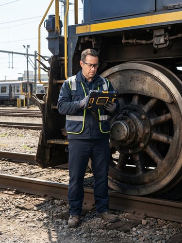Straight-on technical shot of a technician holding a rugged tablet device on-site next to a heavy locomotive wheel, bright direct daylight, high contrast navy tones.