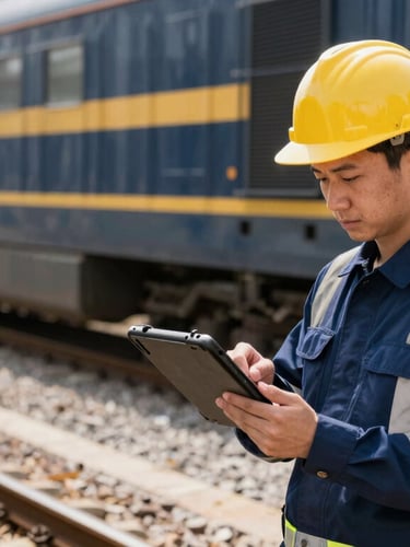 A railway supervisor in safety gear holding a rugged tablet device on-site near steel tracks, bright daylight.